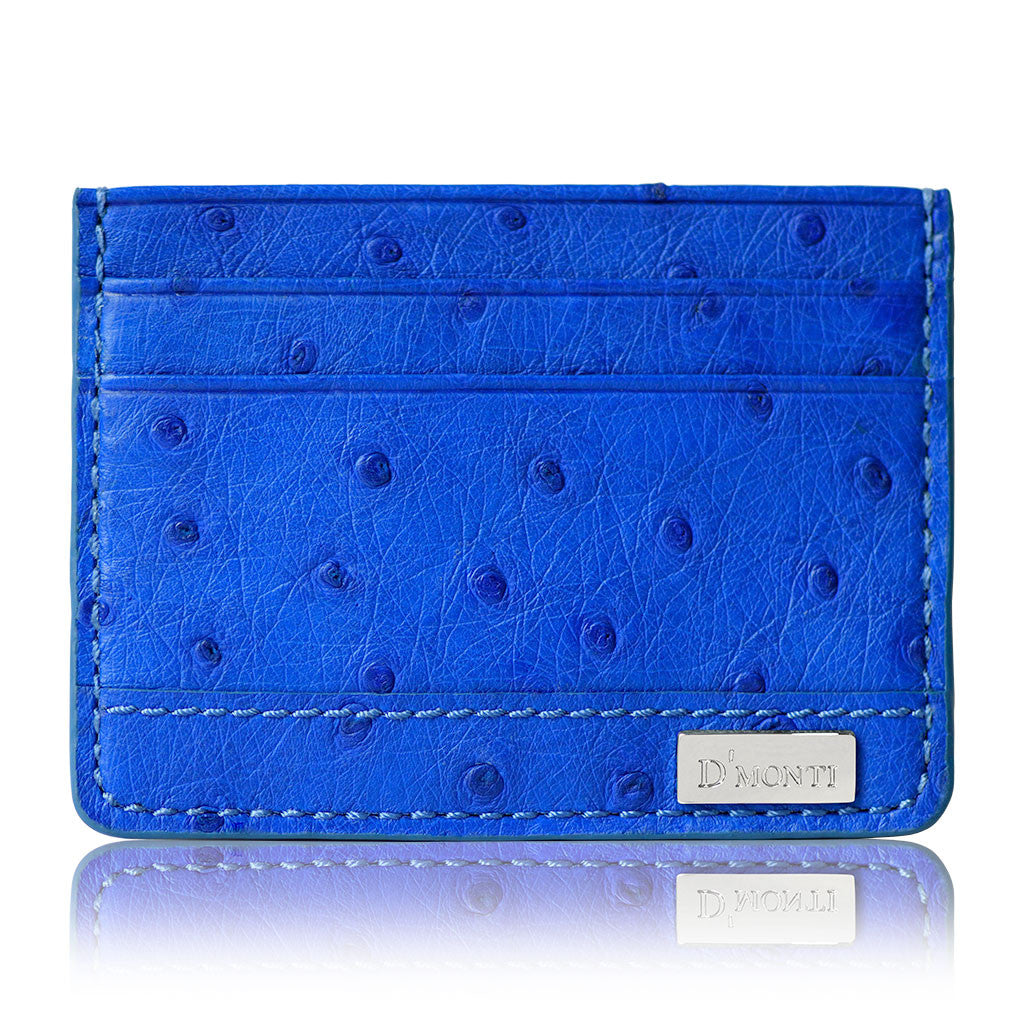 DMonti Monaco Blue Contemporary Luxe Genuine Ostrich Leather Credit Card Holder Slim Wallet Front View