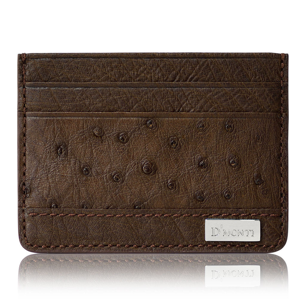 DMonti Paris Brown - Minimalist Luxe Genuine Ostrich Leather Credit Card Holder Slim Wallet Front View