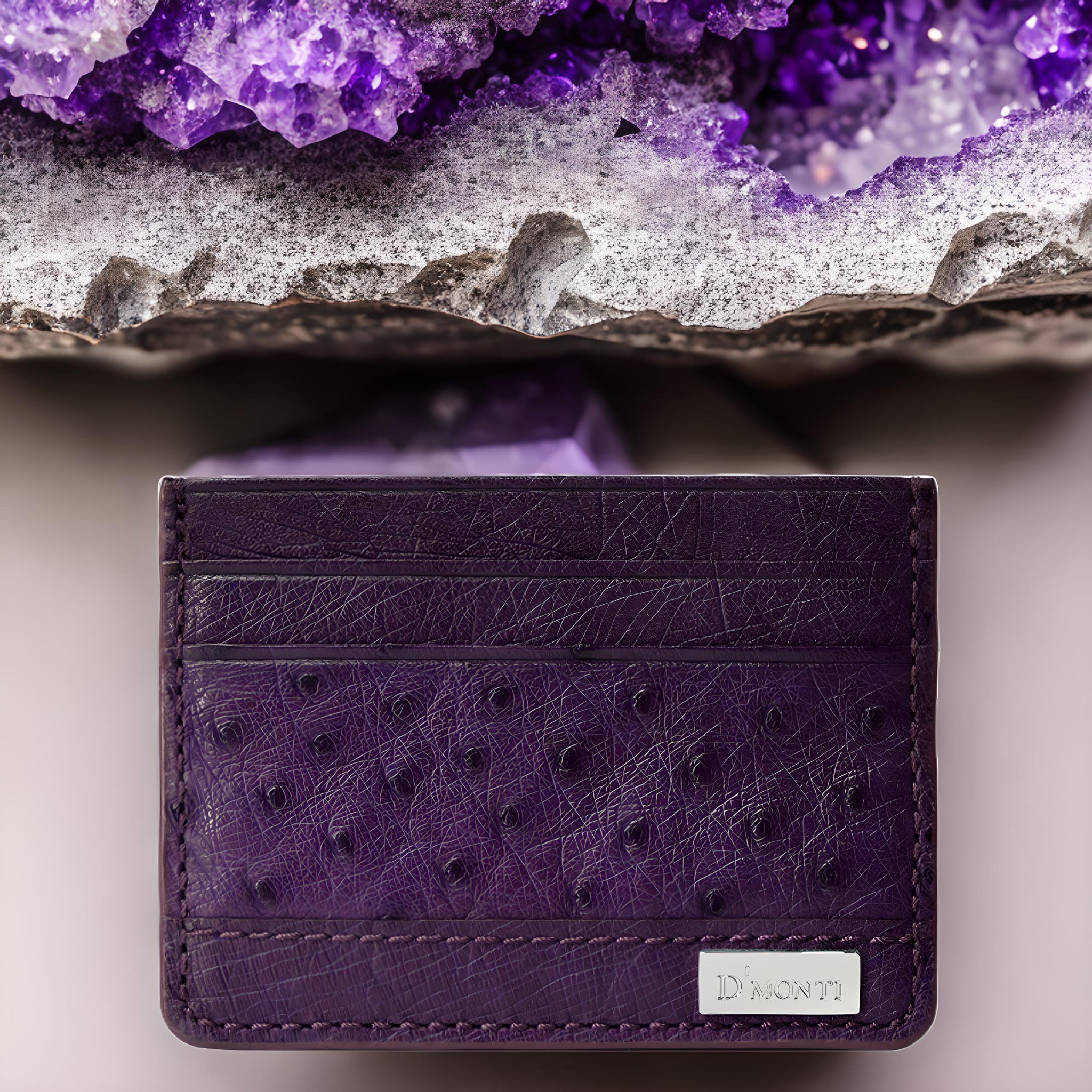 Bordeaux Purple Exotic Ostrich Leather Double Card Holder Slim