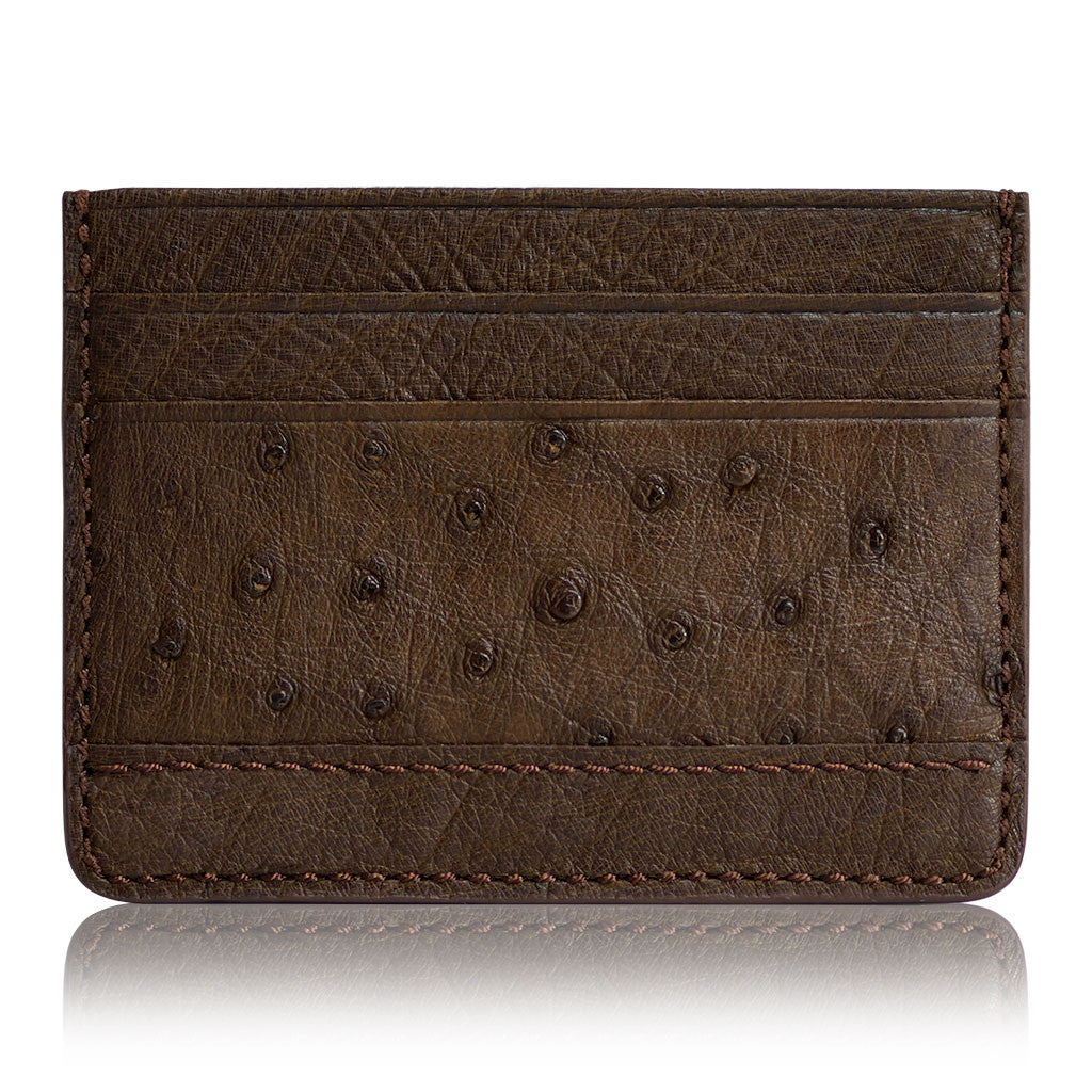 DMonti Paris Brown - Minimalist Luxe Genuine Ostrich Leather Credit Card Holder Slim Wallet Back View