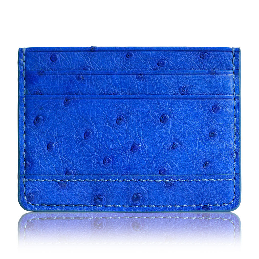Monaco Blue Exotic Ostrich Leather Double Card Holder Slim Wallet