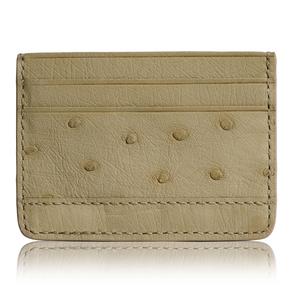 DMonti Nestier Beige - Minimalist Luxe Genuine Ostrich Leather Credit Card Holder Slim Wallet Back View