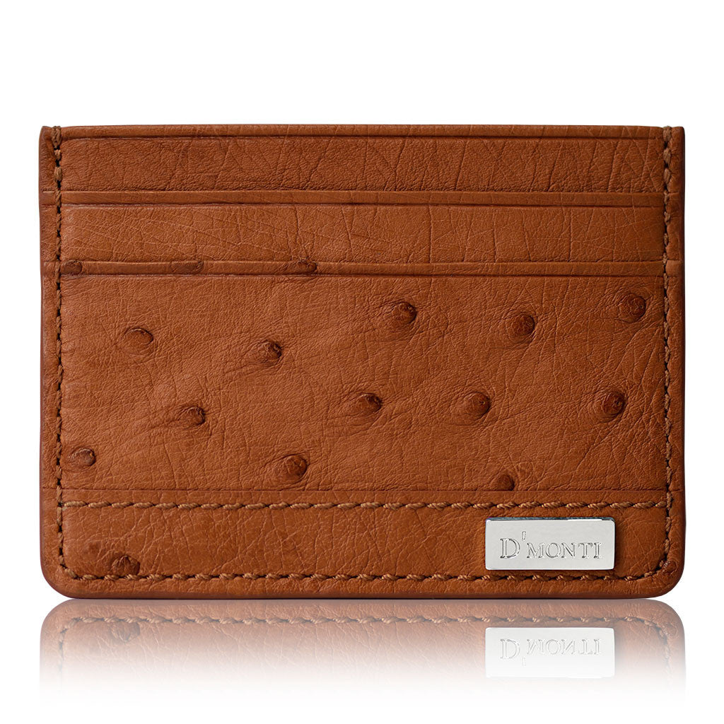 DMonti Gold Brown - Minimalist Luxe Genuine Ostrich Leather Credit Card Holder Slim Wallet Front View