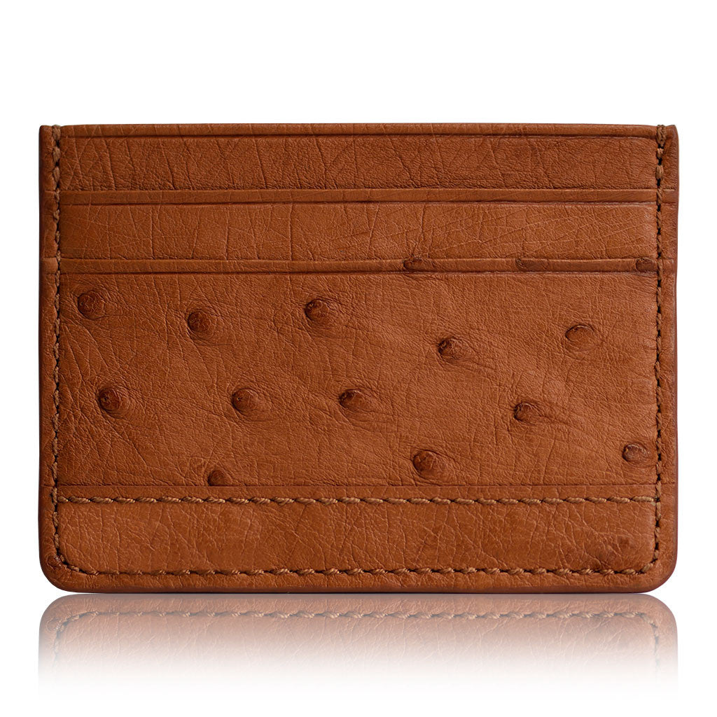 DMonti Gold Brown - Minimalist Luxe Genuine Ostrich Leather Credit Card Holder Slim Wallet Back View